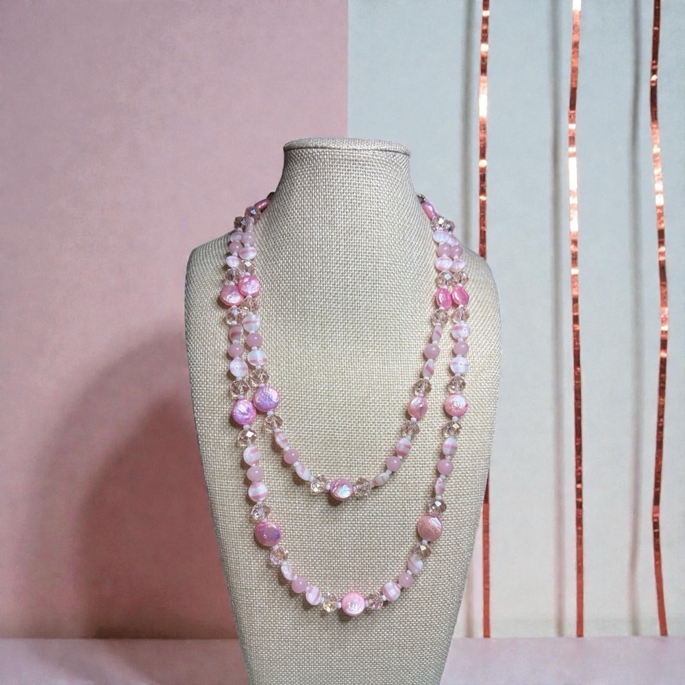 Czech Glass, Pink  Coin Pearl Beaded Opera Length Necklace